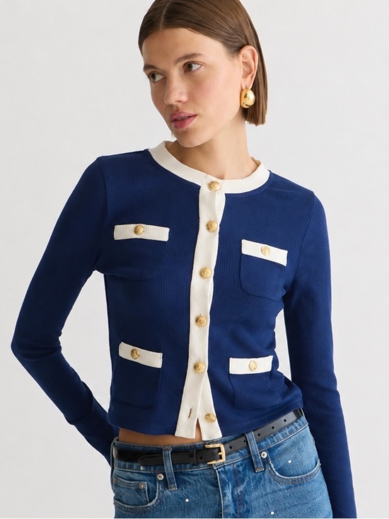 J. Crew Sweaters - J.Crew Vintage Rib Lady Jacket Cardigan L Dark Evening Blue Gold Buttons